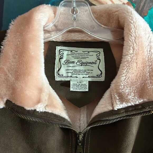 Vintage Bum Equipment Faux Suede Brown Jacket with Pink Faux Fur Accents Large - Picture 3 of 15